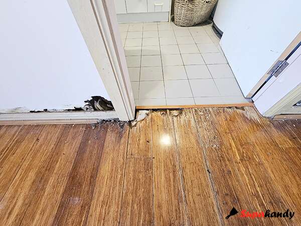 water damage to bathroom door causes damage to wooden floor