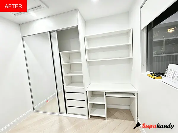the bedroom after the installation of custom-fitted dressers
