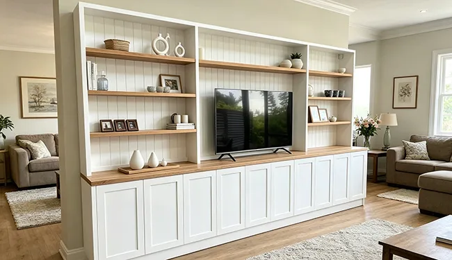 One custom solid oak shelfing of TV wall unit