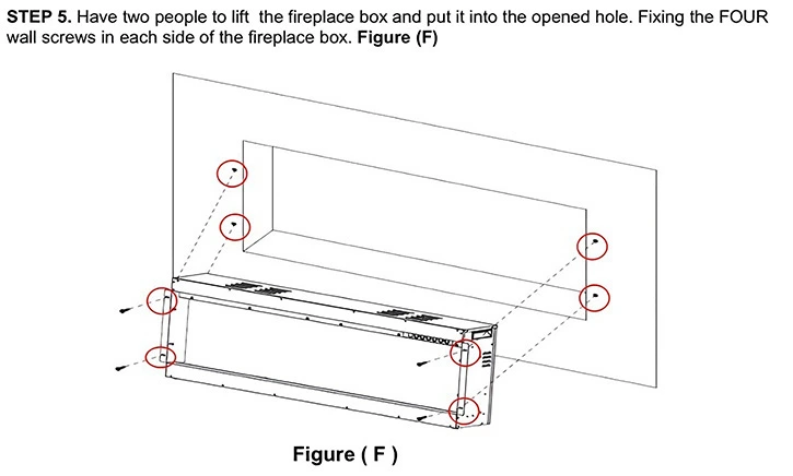 Mina Living sonata electric fireplace owner's manual - Step 5 Fix fireplace on wall - Figure (F)