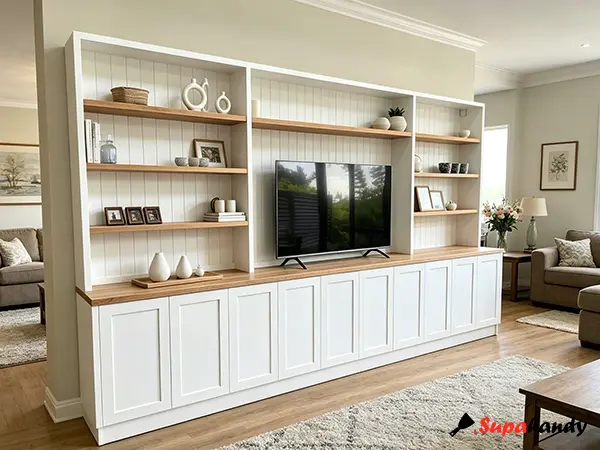 One multifunctional TV wall with bookcases and cabinets