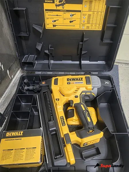 the cordless DeWALT XR Concrete Nailer I bought at TKD and the bonus battery and charger
